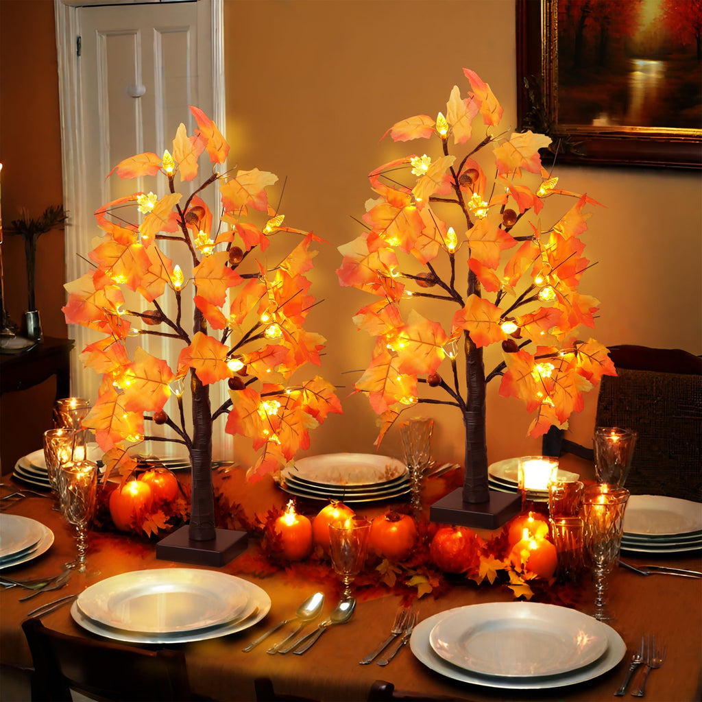 2 Packs 24 Inch Lighted Maple Tree Fall Thanksgiving Decorations with 48 LEDs Timer Battery Operated 3D Acorn Maple