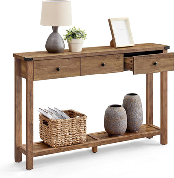 Console Sofa Table, Narrow Entryway Table with 3 Drawers, Open Storage Shelf, Metal Corners, , Farmhouse