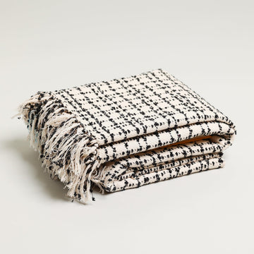 Cream and Black Simple Check Throw Blanket | Large 58" X 67" Inches + 3.5" Tassels | Cotton Couch, Sofa, and Bed