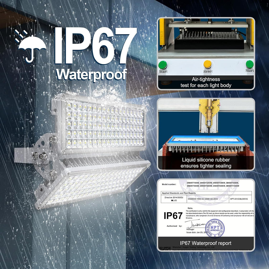 200W LED Flood Light, 28000LM 6500K Daylight Exterior Court Lighting | IP67 Waterproof & Rugged, Flicker-free, 10KV