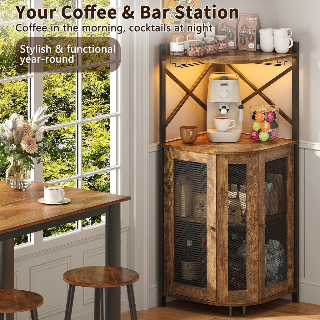 Corner Bar Cabinet with LED Lights,Industrial Wine Cabinet with Glass Holder,4-Tier Wine Cabinet with Door and