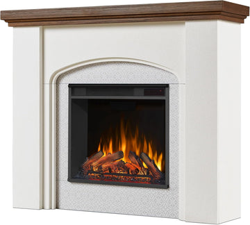 49 Inch Electric Fireplace with Mantel, Freestanding Fireplace Heater with Realistic Log and Flame Effect, Remote Control and Timer, White