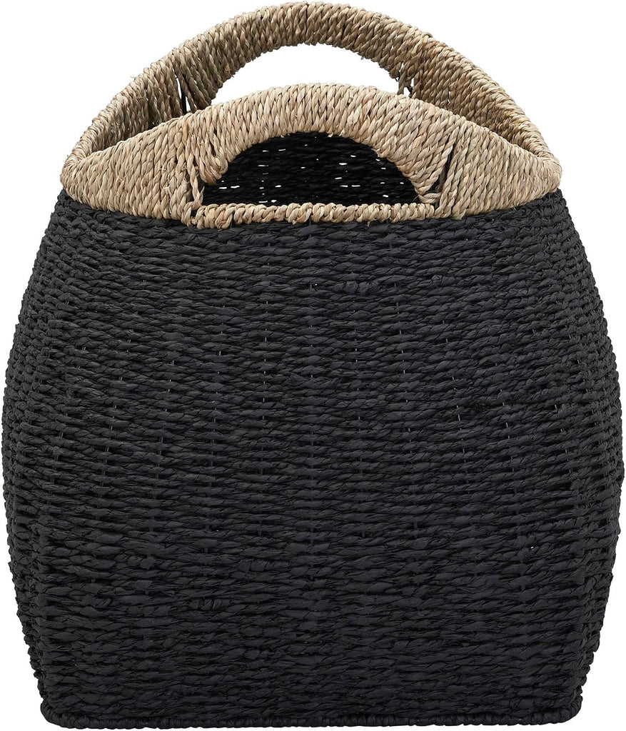 Handled Seagrass Basket Decorative Storage Organizer with Sturdy Metal Frame, Natural and Black Finish