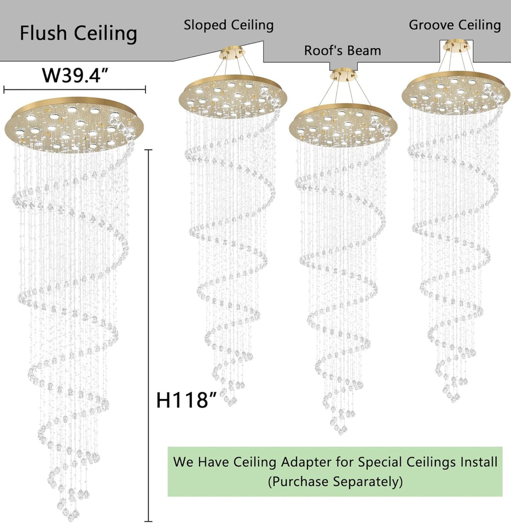 W40 x H118 Inches Crystal Glam Chandelier Long Light Chandeliers with Dimmable Light Bulbs Gold High Ceiling Pendant Light Fixtures for Foyer Entryway Living Room Stair Large