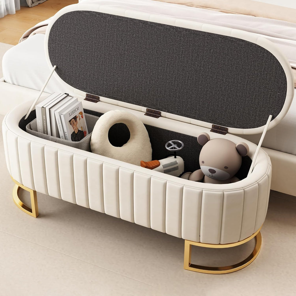 Elegant Upholstered Velvet Storage Ottoman with Button-Tufted,Storage Bench with Metal Legs ,Fully Assembled Except