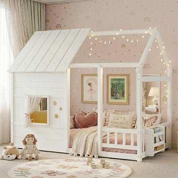 Tw Bed with LED Light and Bookcase, White House Bed for Kids with Rails, Roof and Window, Wood Twin Montessori Floor