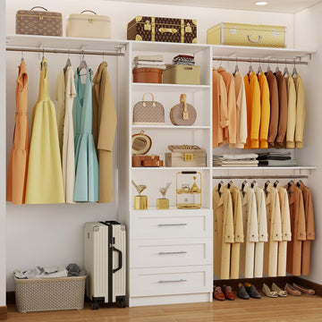 Closet System with Drawers, 5-7.61FT Closet Organizer System with Cuttable Shelves & 3 Expandable Hanging Rods, 96"