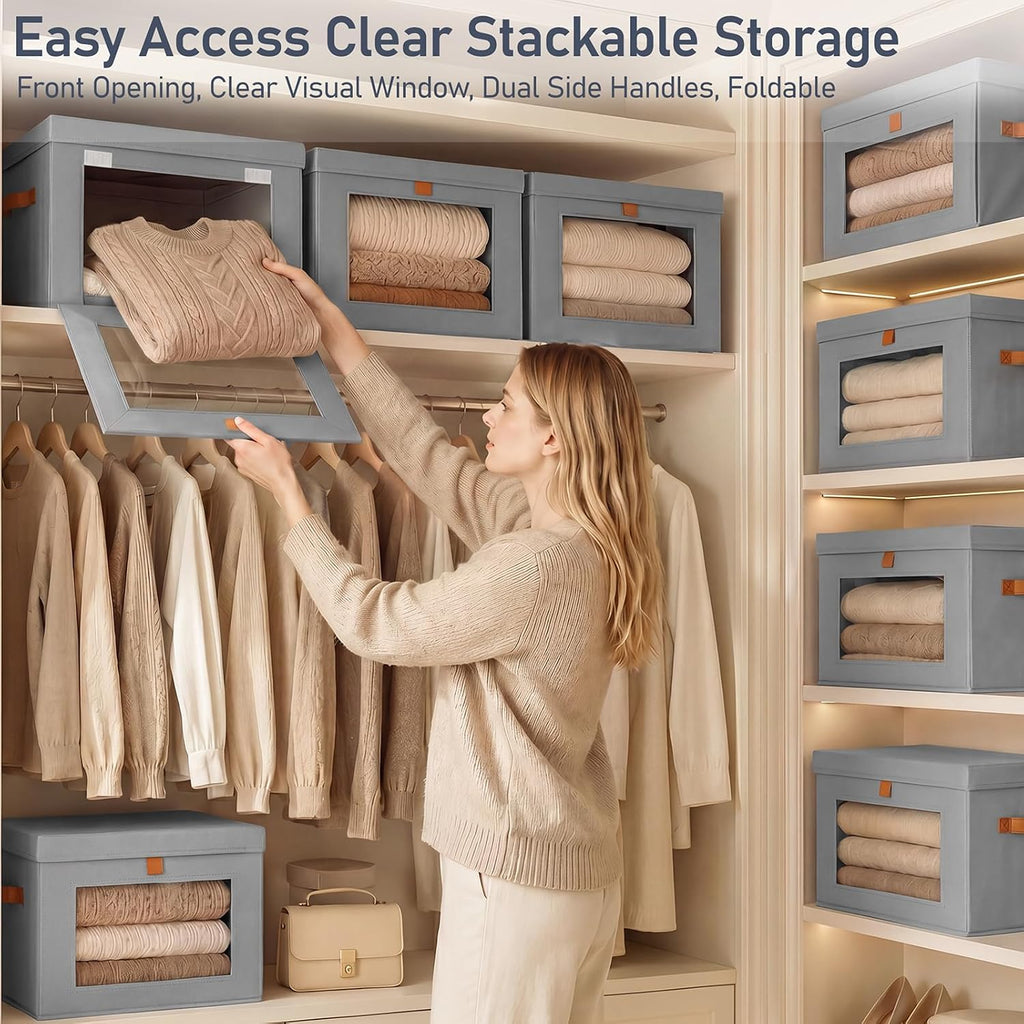 Storage Bins with Lids - 6 Pack Front Opening Stackable Fabric Storage Boxes with Clear Window & Handles, Collapsible