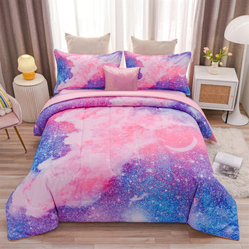 6Pc 3D Glitter Pink Bedding Galaxy Full Kids Comforter Sets