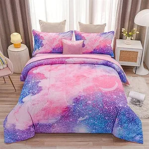 6Pc 3D Glitter Pink Bedding Galaxy Full Kids Comforter Sets