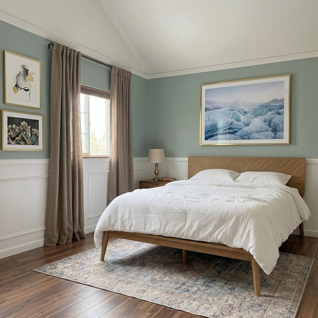 Loki Solid Wood Platform Bed King, Chevron Headboard, Light Oak