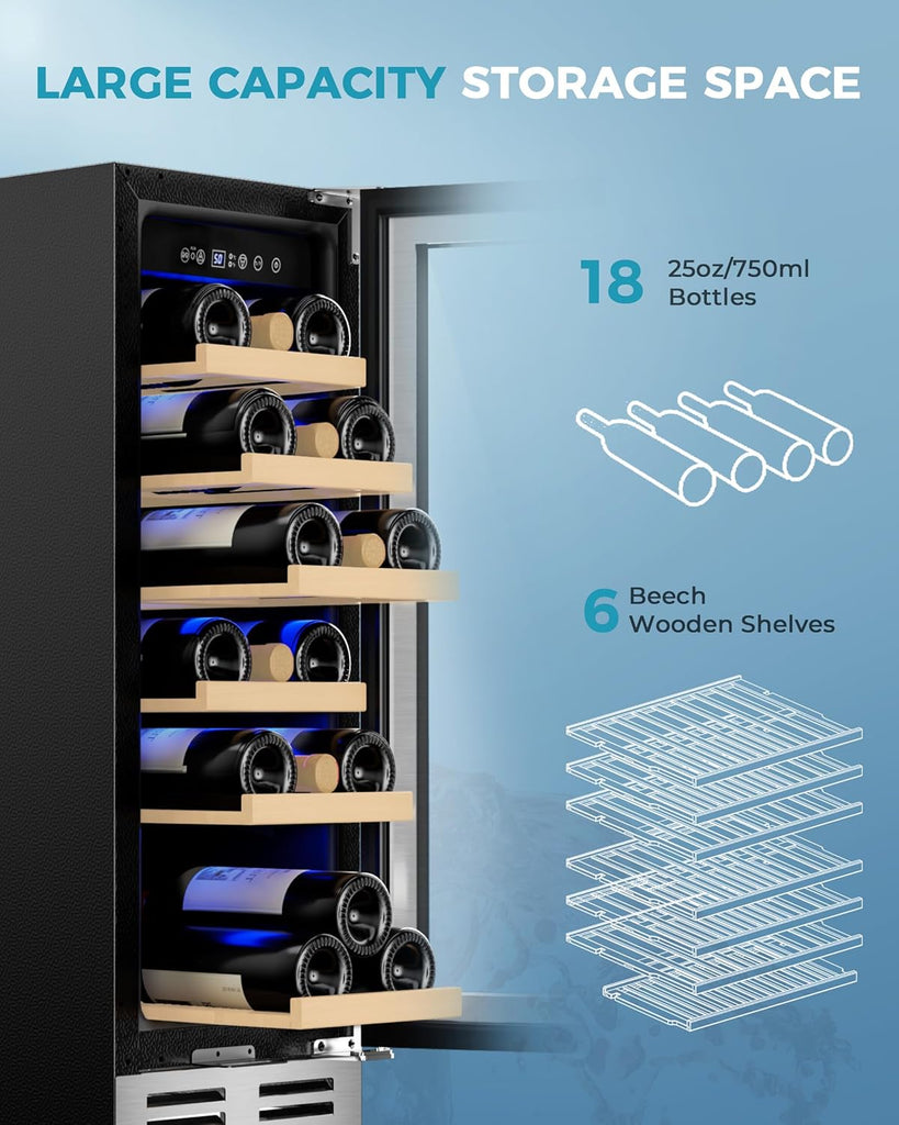 12 Inch Wine Cooler Refrigerator, Wine Fridge 18 Bottles, Built-in or Freestandi