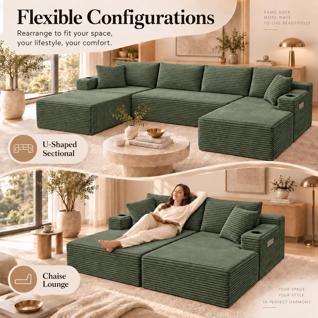 134" Boneless Couch, U-Shaped Modular Sectional Sofa, Green