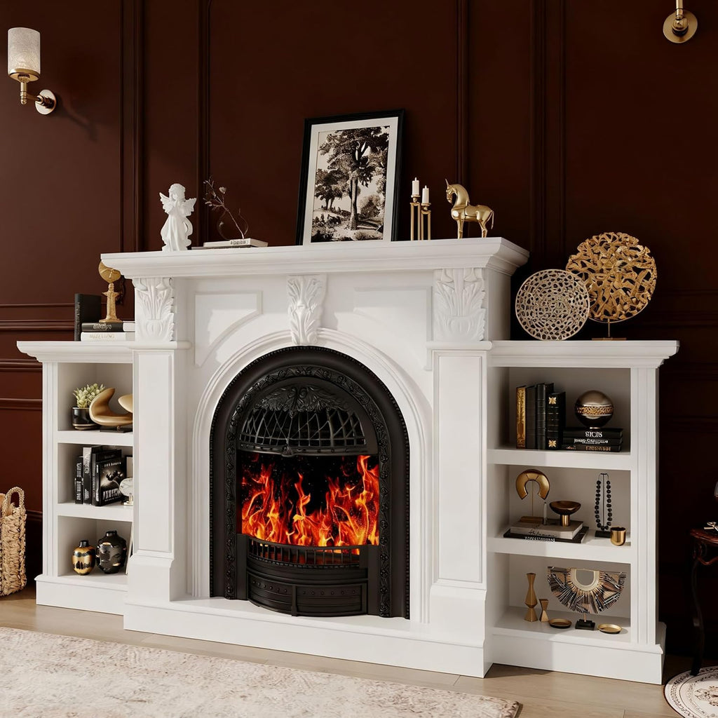 80 Inch Electric Fireplace TV Stand with Mantel, Birdcage-Style Fireplace Heater and Carved Column Design, Entertainment Center for Living Room or Bedroom, Black