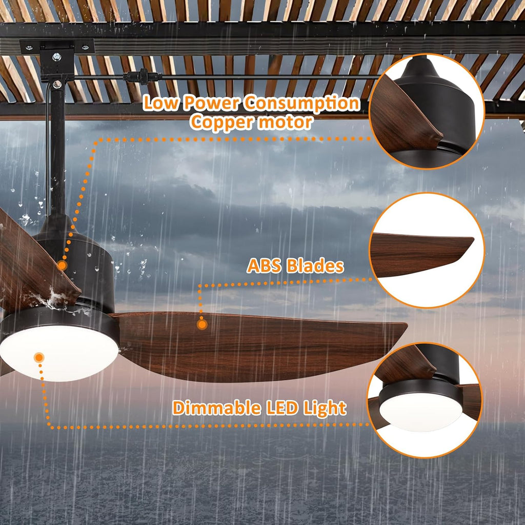 42 Inch Waterproof Gazebo Fans with Lights Outdoor Hanging - Plug in Remote App Control for Patio Indoor Farmhouse Porch - 6 Speed Reversible DC Motor Walnut