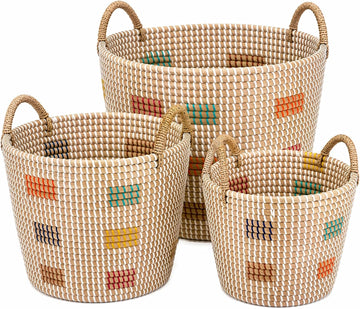 Natural Seagrass Storage Baskets Set of 3 with Handles, Handwoven Decorative Nesting Bins for Blankets, Towels, Toys