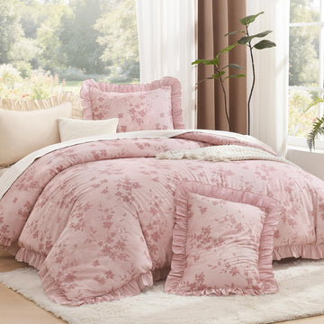 Comforter Set, 3 Pieces Grey Pink Floral Ruffle Bedding Set