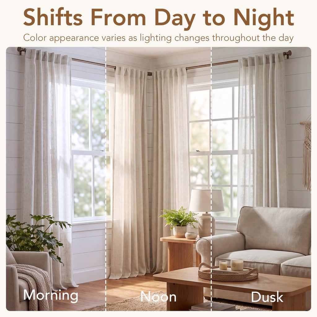 Linen Curtains 96 Inches Long, Begie Neutral Farmhouse Light Filtering Semi Sheer Drapes 8ft, Window Treatment with