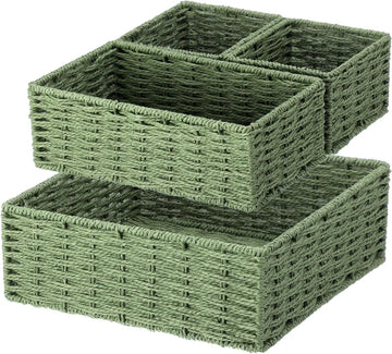 Sage Green Storage Baskets Set 4 Pack Rustic Paper Rope Woven Decorative Basket Organizer in 3 Size Storage Bin Box