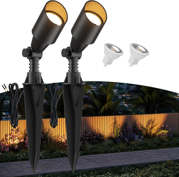 Low Voltage Landscape Spotlights, 3W MR11 LED Bulb 12V 2-Pack | 3W GU4 Bulb 2700K, Black Aluminum Fixture, Adjustable