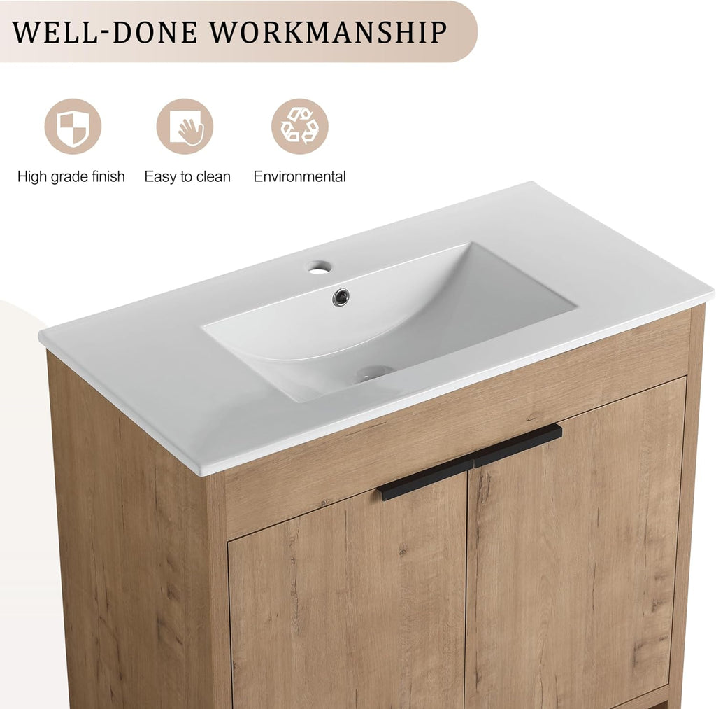 36-Inch Bathroom Vanity with Sink Mid-Century Bathroom Vanities with Top Basin Floor Wood Bathroom Sink Cabinet