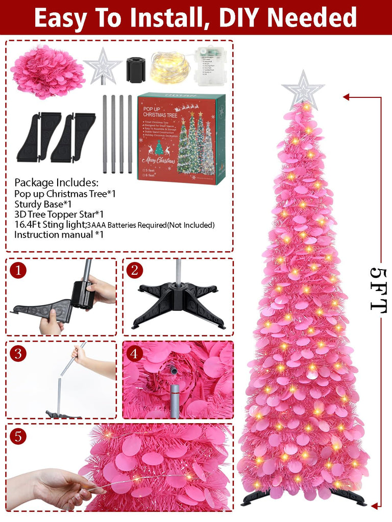 5 FT Pop Up with Timer Lights, Hot Pink Christmas Tinsel Tree, Collapsible Artificial Pencil for Indoor Home
