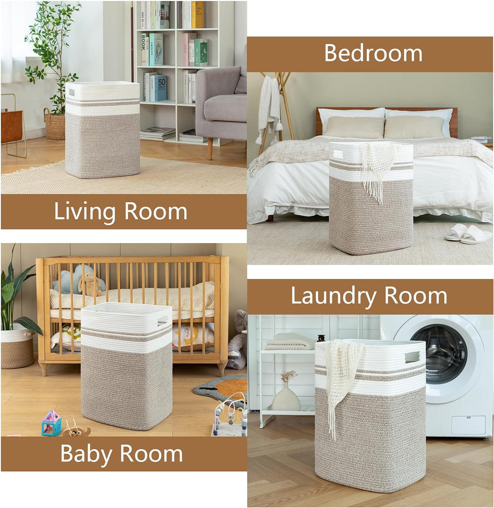 Laundry Hamper-Laundry Basket,Tall Cotton Storage Basket with Handles,Decorative Blanket Basket ,Collapsible Large