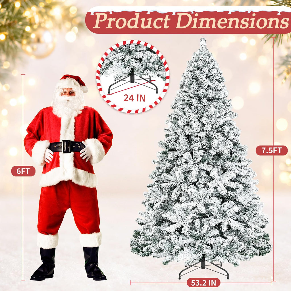 7.5FT Pre-lit Snow Flocked Christmas Tree with Remote Control, Convenient Foot Switch, 9 Modes 450 Multicolor LED