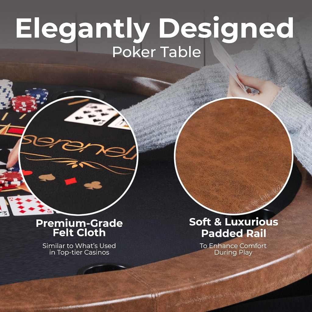 8 Player Round Foldable Poker Table, Casino Leisure Texas Holdem Table, w/Water Resistant Cushioned Rail, 8 Cup