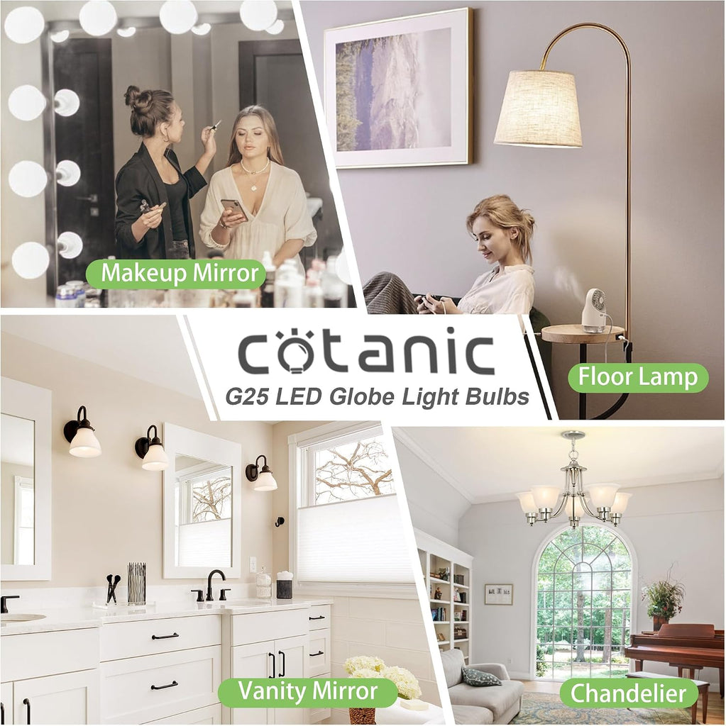 G25 LED Globe Light Bulbs, 5W Vanity Light Bulb (60W Equivalent),Daylight 4000K,Non-dimmable Makeup Mirror Lights for Bedroom,Led Bathroom Light Bulbs,E26 Medium Screw Base,500lm,Pack of 4