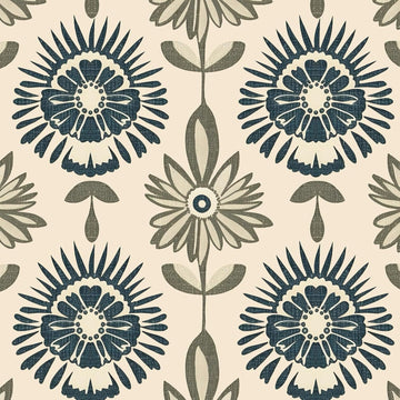 Boho Floral Peel and Stick Wallpaper Beige Blue 17.5 x 393.5In | Extra Long Symmetry Contact Paper Modern Wall Paper