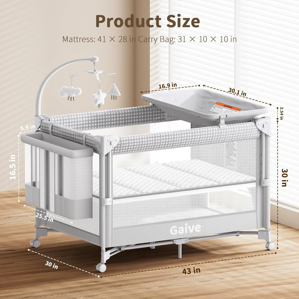 4 in 1 Baby Bassinet, One-Push Setup Pack and Play, Bedside Crib Sleeper with 3 Height Adjustable,Diaper Changer