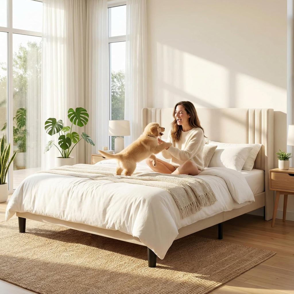 Queen Bed Frame with Wingback Headboard, Upholstered Platform Bed, Wooden Slats, Noise-Free, No Box Spring Needed