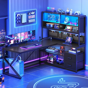 L Shaped Gaming Desk, Home Office Computer Desk with 2 Drawer and Bookshelf, L Shaped Gaming Desk with LED Light