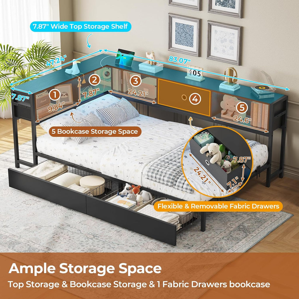 Twin Corner Bed Frame with Bookcase Storage and Led Lights Twin Size Metal Platform Bed Frames with Storage Drawers