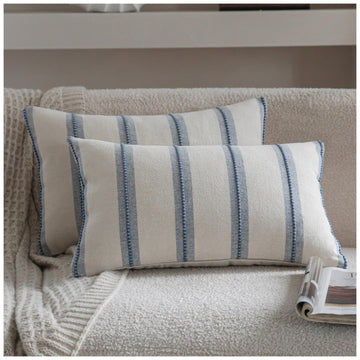 Boho Lumbar Throw Pillow Covers 12x20 Set of 2, Beige and Blue Striped Decorative Pillow Cases for Couch Chair Bed