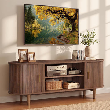 TV Stand for 65-Inch TVs, Mid Century Entertainment Center with Storage, Fluted Sliding Doors, Media Console Table