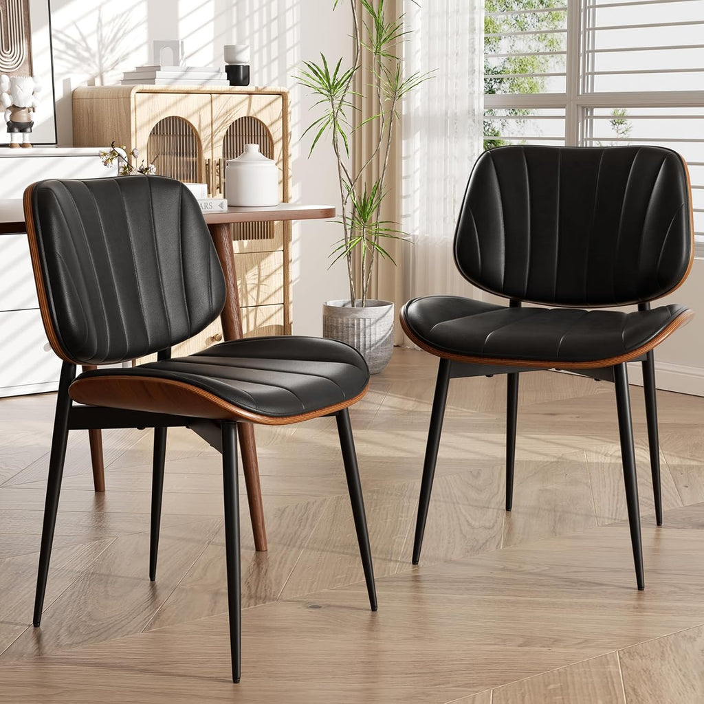 Dining Chairs Set of 2, Mid-Century Modern Upholstered Faux Leather Dining Room Chairs with Walnut Bentwood Back and Metal Legs, Black