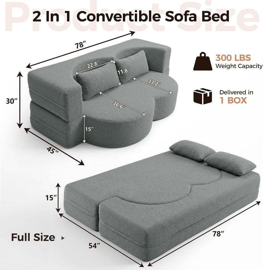 78" Convertible Folding Sofa Bed Full Size, Small Loveseat Boneless Couch | Bouclé Fabric Foldable Sleeper Sofa Bed