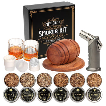 Whiskey Smoker Kit with Torch - 6 Flavors Wood Chips, 2 Glasses, 2 Ice Ball Molds - Cocktail Smoker Infuser Kit, Old