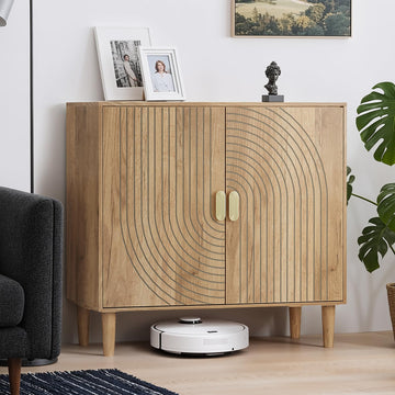 Oak Sideboard Cabinet, Freestanding Buffet Cabinet with Line Groove Design, Wood Storage Cabinet with Adjustable Shelf