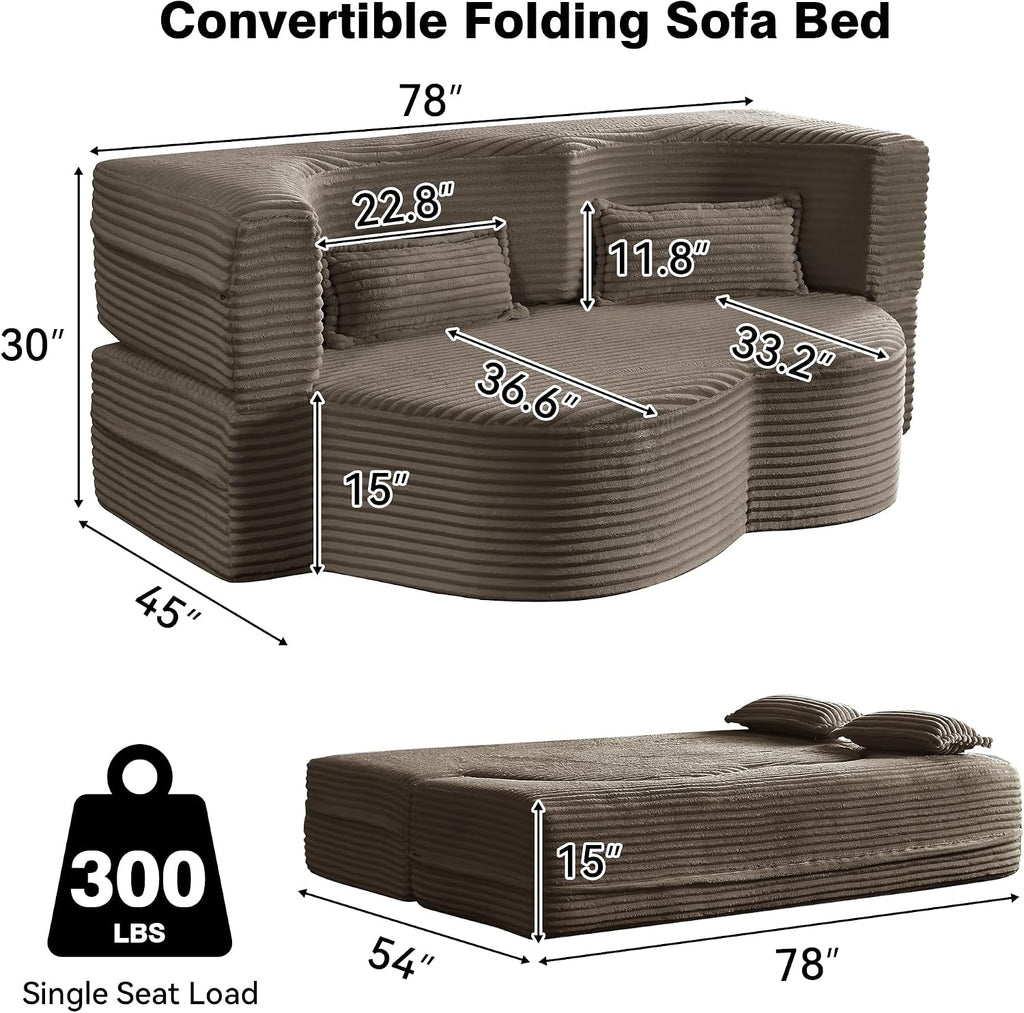 78" Convertible Futon Sofa Bed, Full Siz Corduroy Boneless Couch Bed, Brown | Sleeper Sofa Bed with Pillows & Deep