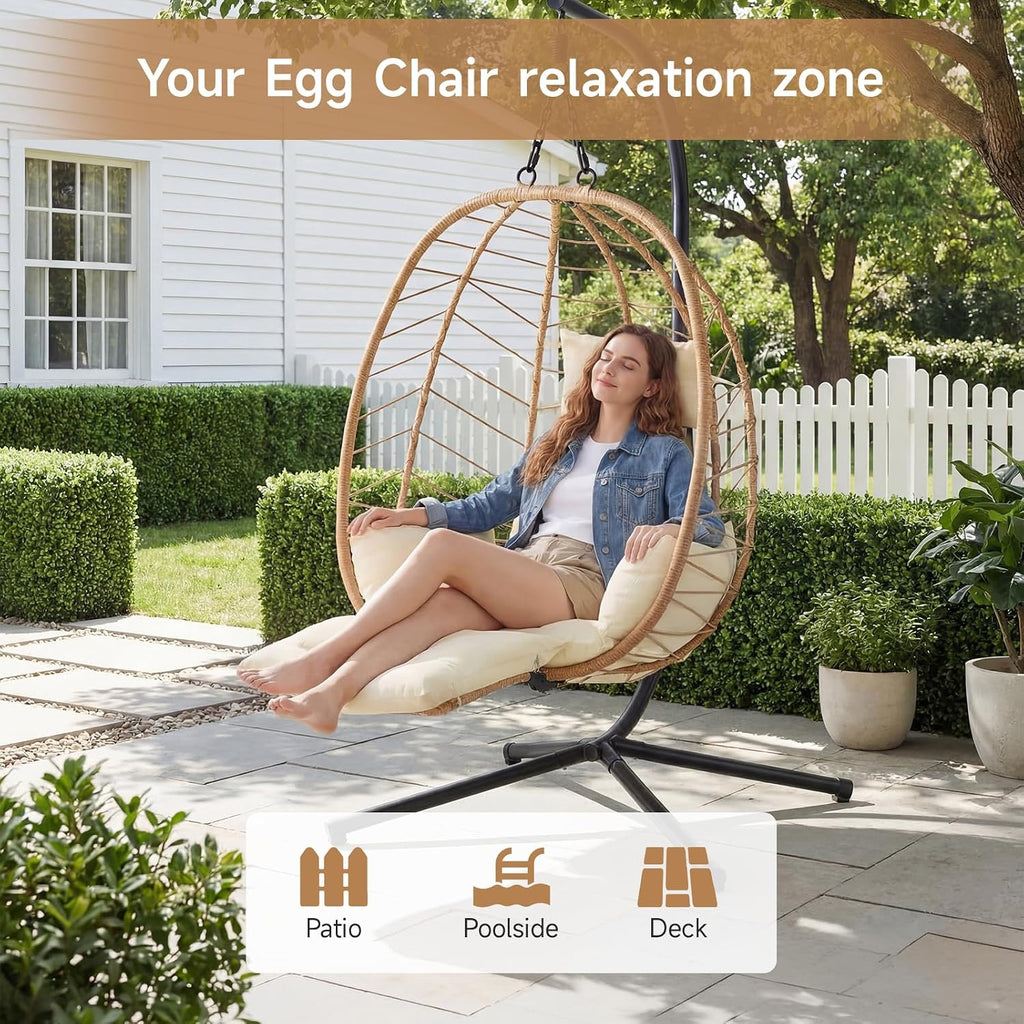 Wicker Egg Chair Outdoor, Hammock Chair with Footrest & Stand, Patio Swing with Cushion & Double Chains, Hanging