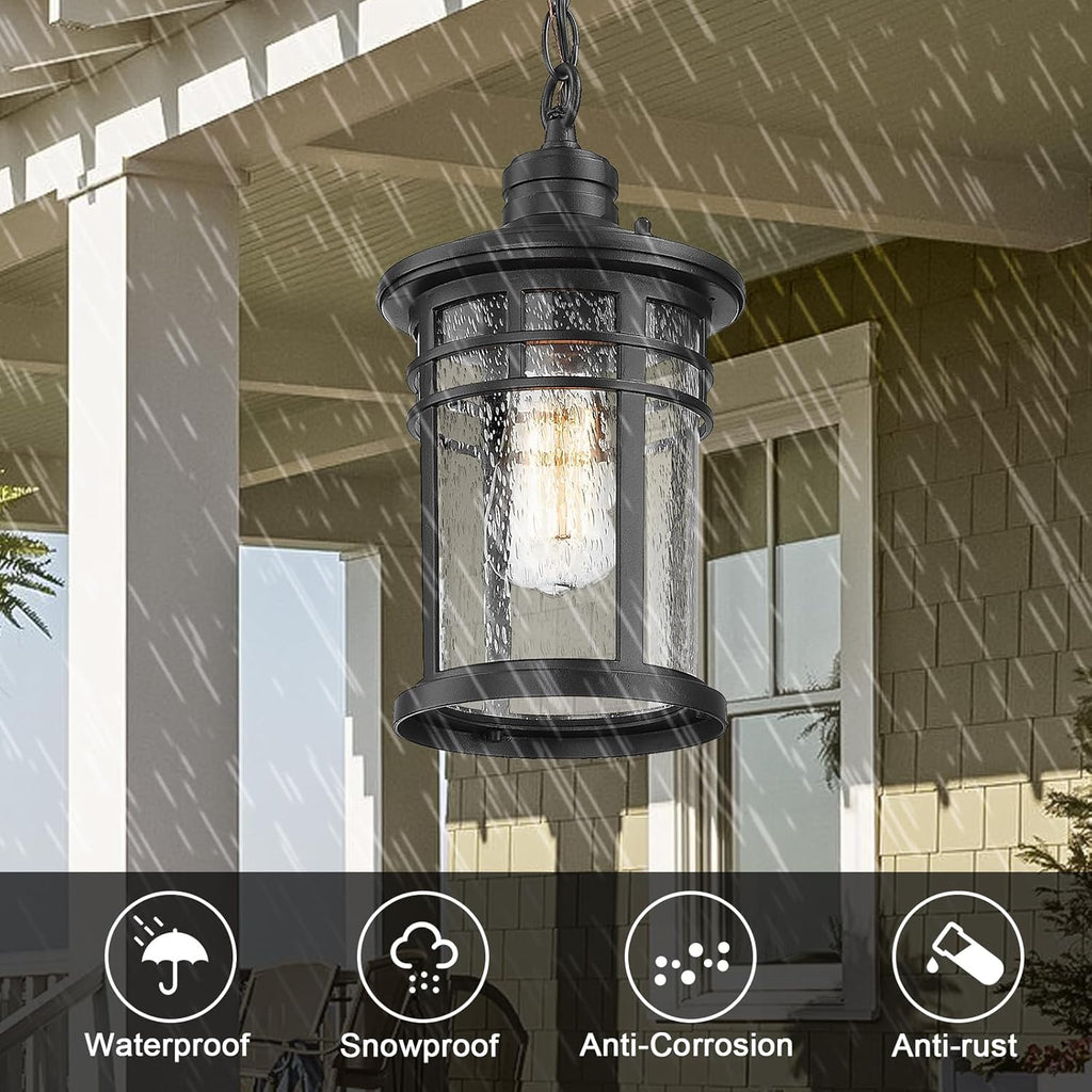Outdoor Pendant Lights for Porch, Outdoor Chandelier Hanging Porch Lights Ceiling Mount Aluminum with Seeded Glass