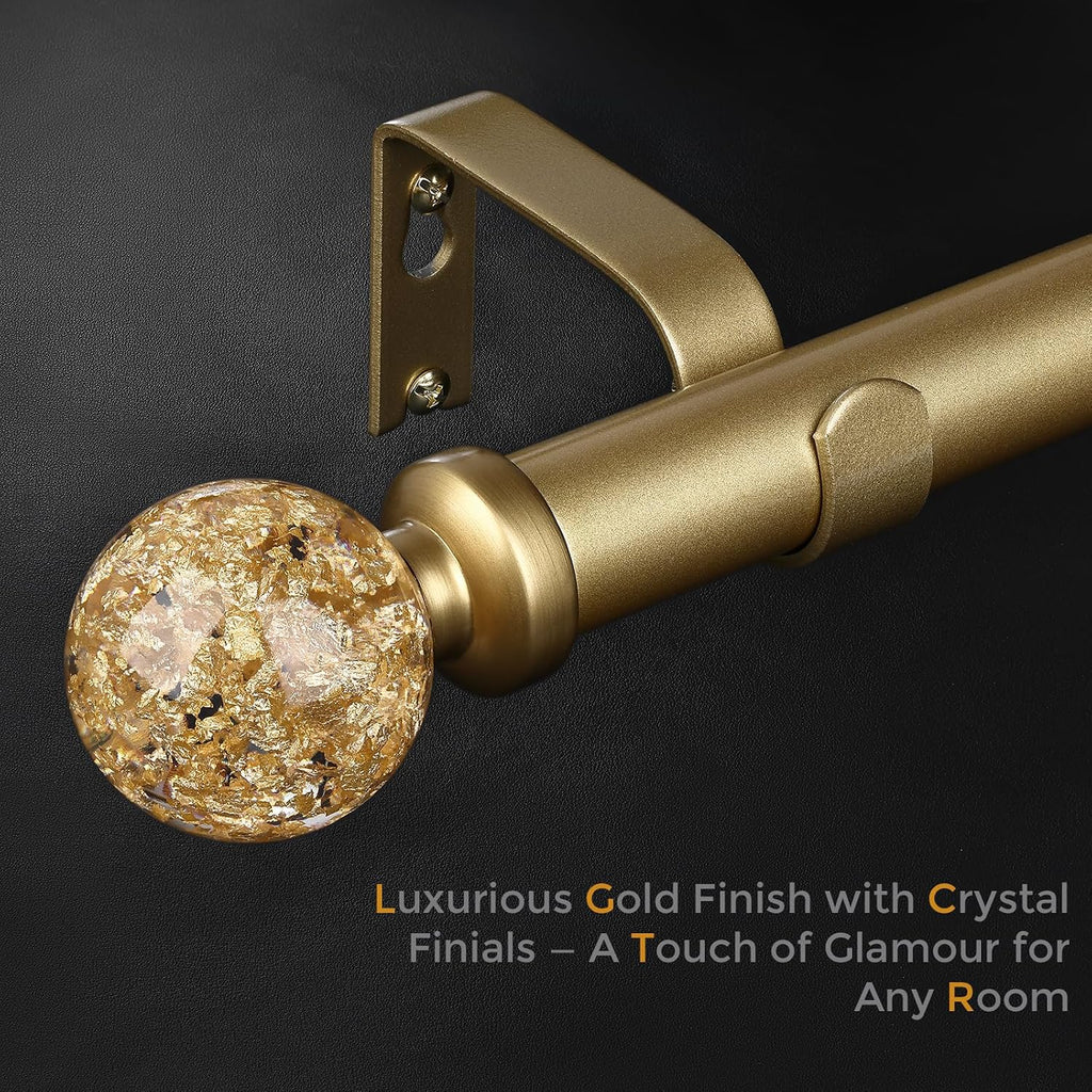 Gold Curtain Rods for Windows, 1'' Heavy Duty Adjustable Drapery Rod with Unique Crystal Ball Finials