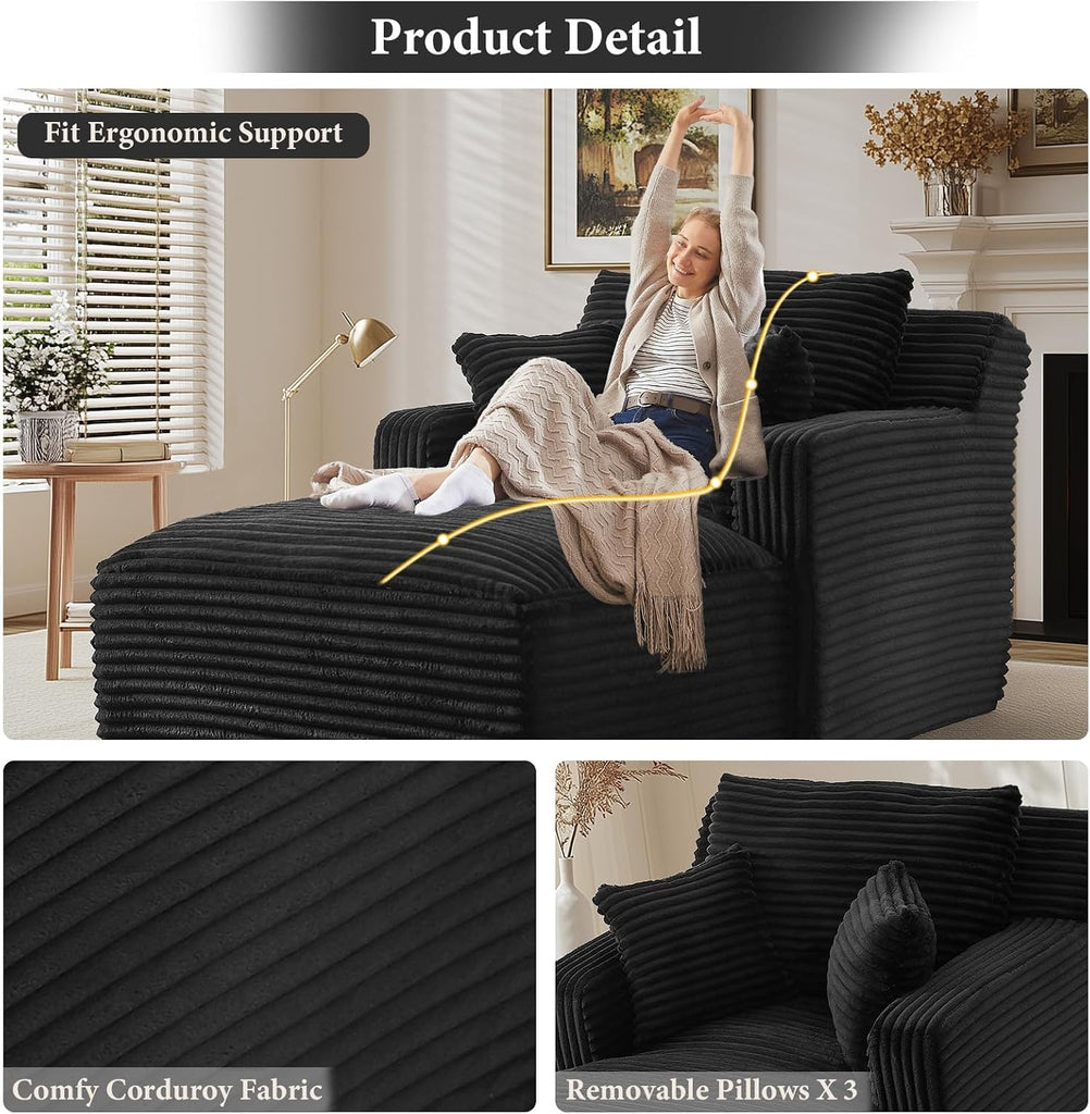 65.4" Chaise Lounge Chair Indoor, Oversized Boneless Couch | No Assembly|3 Pillows|Plush Corduroy|Upholstered Sofa