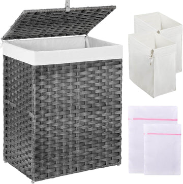 Laundry Hamper with Lid, 90L Clothes Hamper with 2 Removable Liner Bags & 2 Mesh Laundry Bags, Handwoven Synthetic