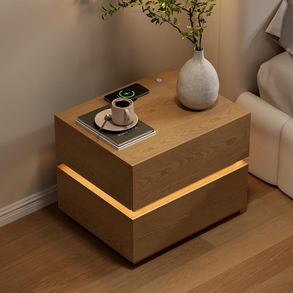 Smart Nightstand Set of 2 with Wireless Charging Station, USB & Type-C Ports, LED Light, 2 Drawers - Modern Natural