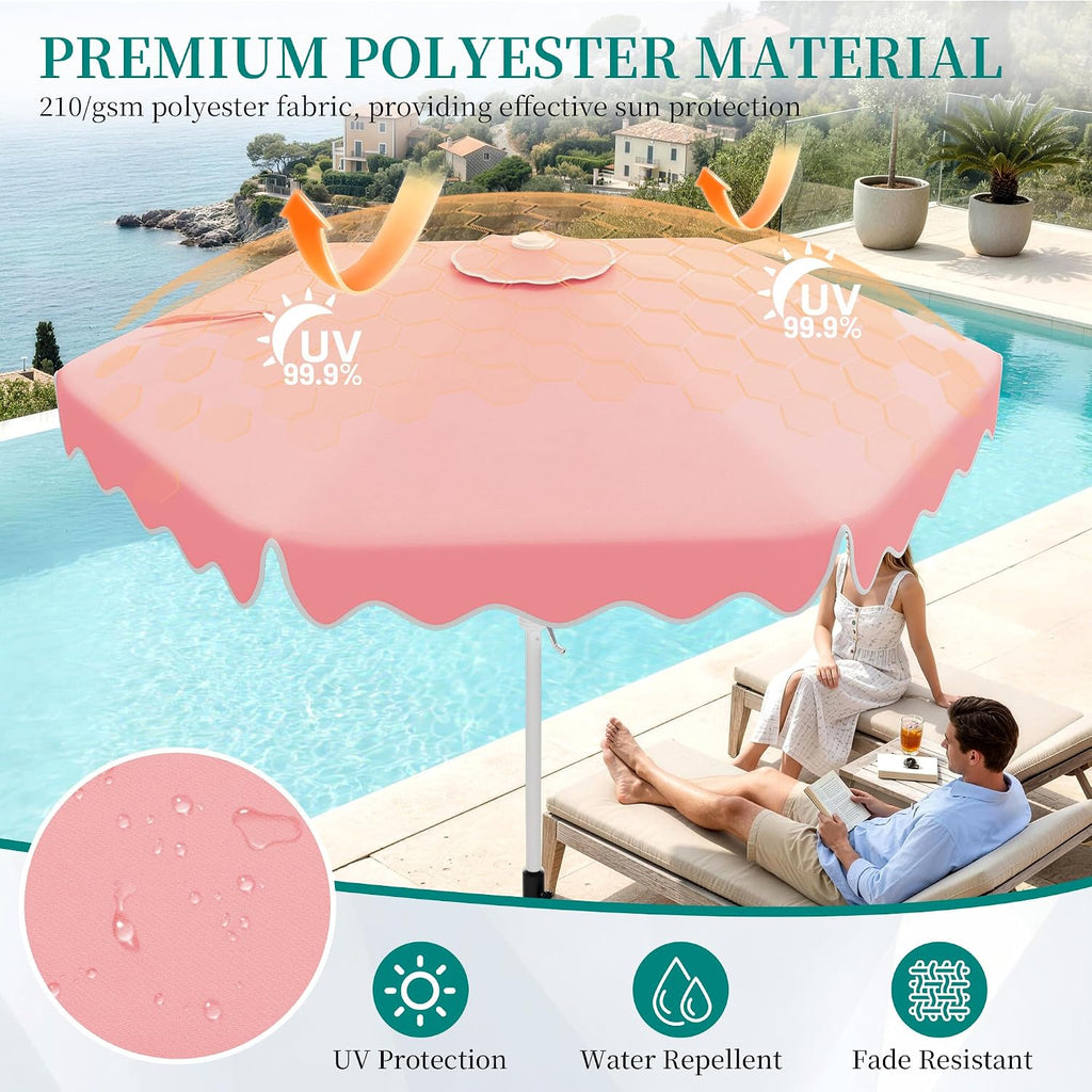 Patio Umbrella with Wavy Trim, UV-Fade-Resistant Canopy, Crank & Tilt - Peach Pink 7.5ft