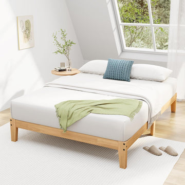 Queen Bed Frame, 12 Inch Solid Wood Platform Bed with Wooden Slats, Natural Finish Wood Bed Frame No Box Spring